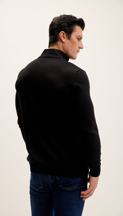 Quarter Zipper Mock Neck Ribbed Sweater - Black