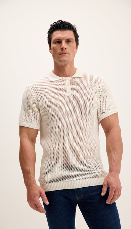 Polo-Shirt mit Lochmuster-Strickmuster – Cremeweiß