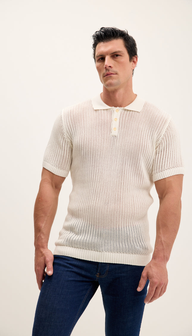 Openwork Knit Polo Tee - Off White
