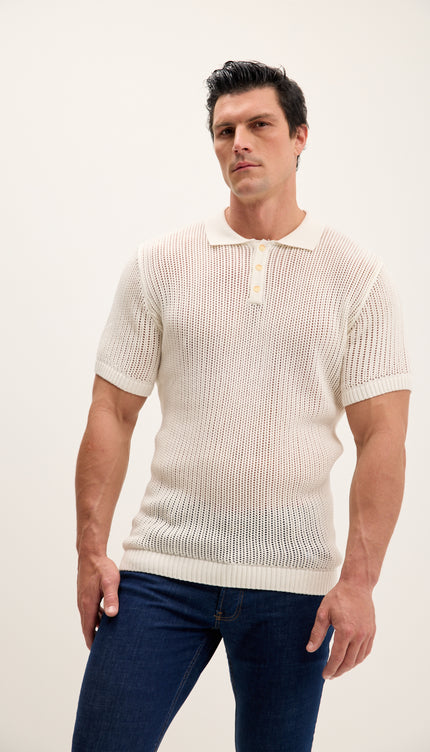 Polo-Shirt mit Lochmuster-Strickmuster – Cremeweiß