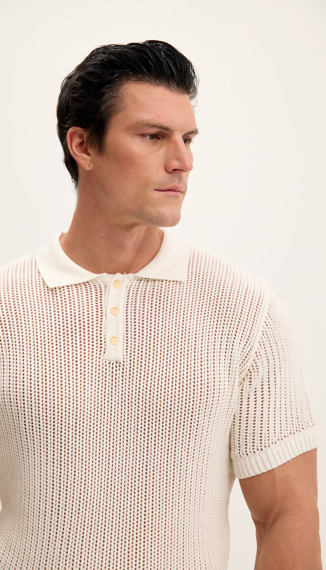 Openwork Knit Polo Tee - Off White
