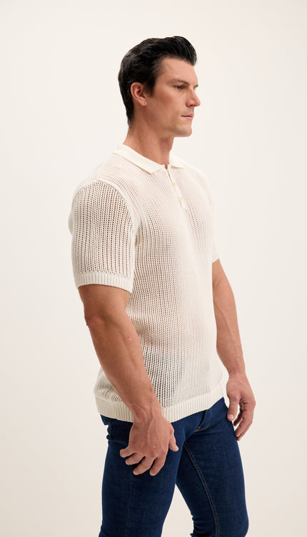 Polo-Shirt mit Lochmuster-Strickmuster – Cremeweiß