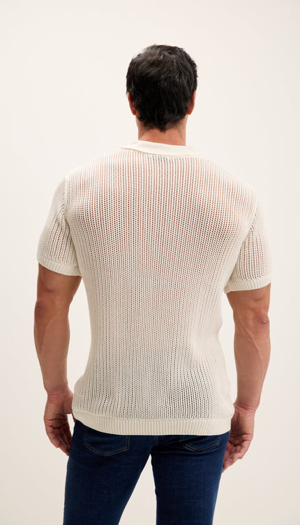 Polo-Shirt mit Lochmuster-Strickmuster – Cremeweiß
