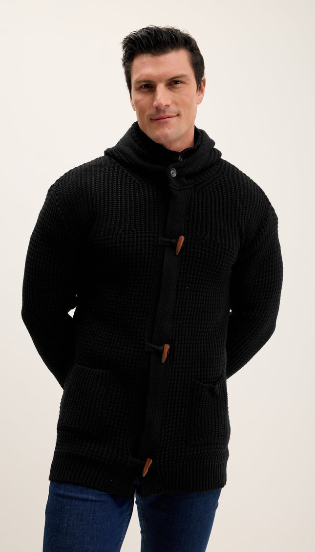 Hooded Fitted Lumber Cardigan - Black