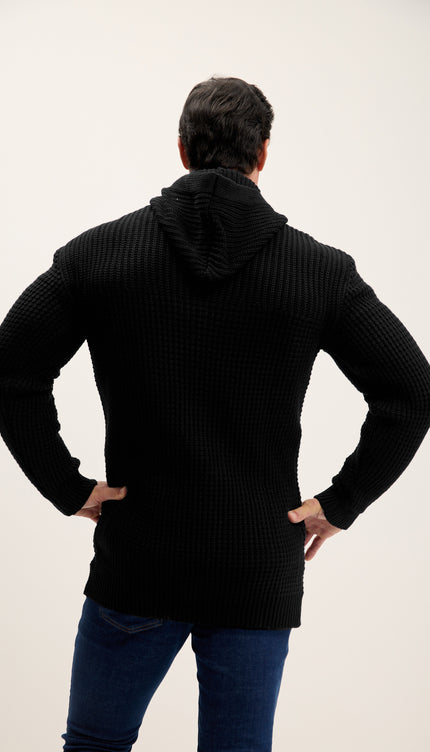 Hooded Fitted Lumber Cardigan - Black