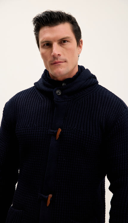 Hooded Fitted Lumber Cardigan - Navy