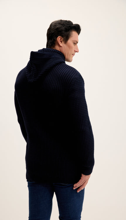Hooded Fitted Lumber Cardigan - Navy
