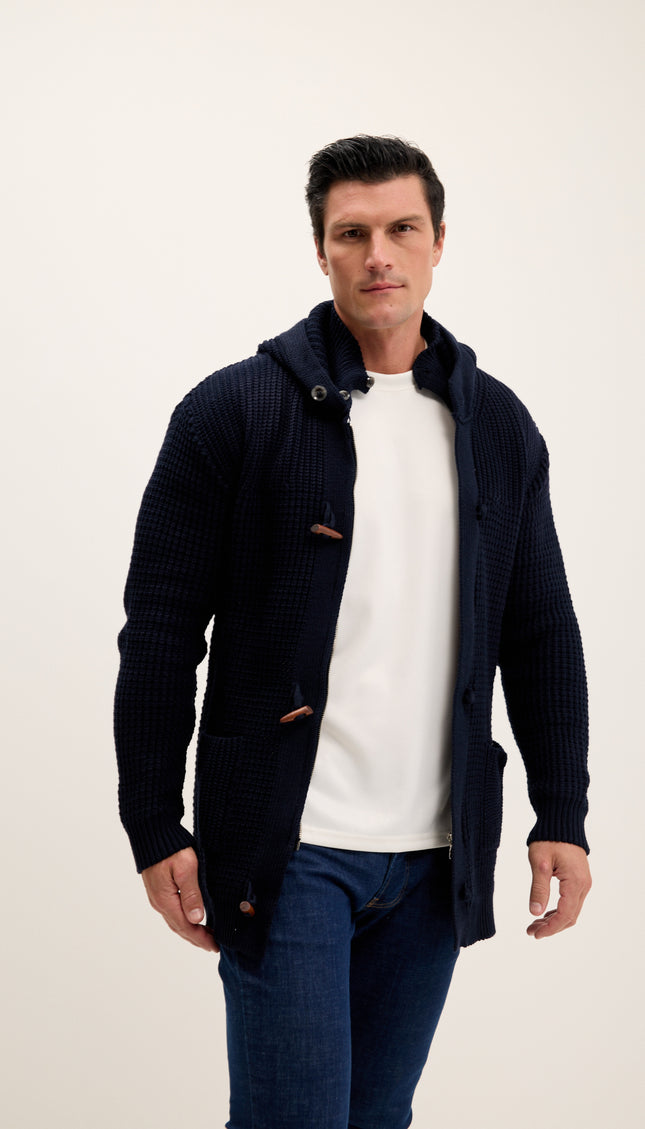 Hooded Fitted Lumber Cardigan - Navy