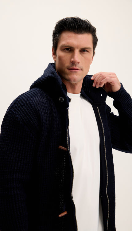 Hooded Fitted Lumber Cardigan - Navy