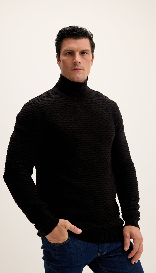Neck Zipper Honeycomb Sweater - Black