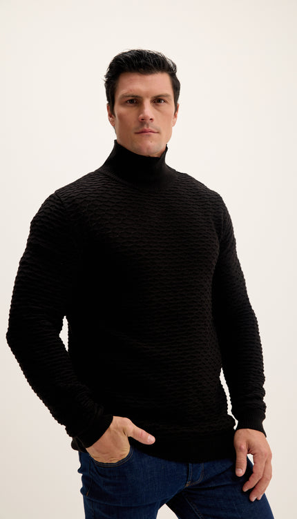 Neck Zipper Honeycomb Sweater - Black