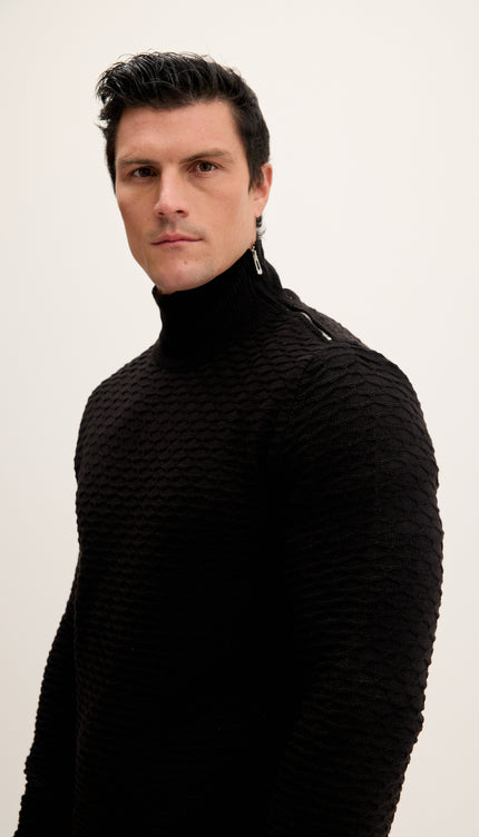 Neck Zipper Honeycomb Sweater - Black