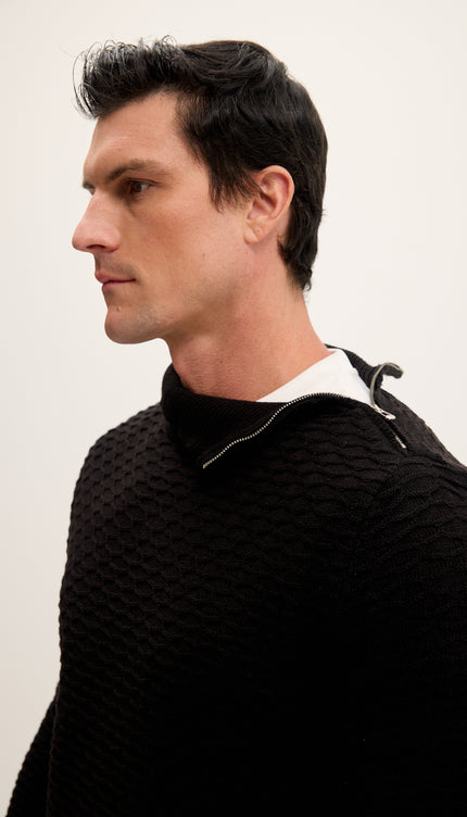 Neck Zipper Honeycomb Sweater - Black