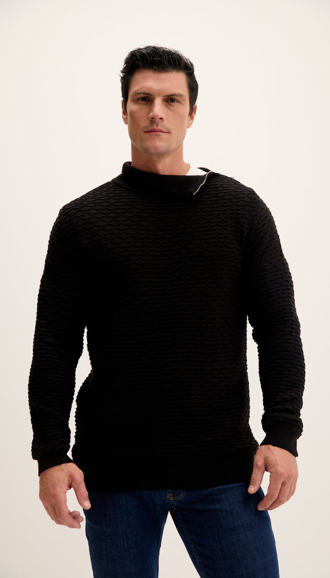 Neck Zipper Honeycomb Sweater - Black