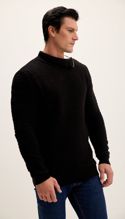 Neck Zipper Honeycomb Sweater - Black