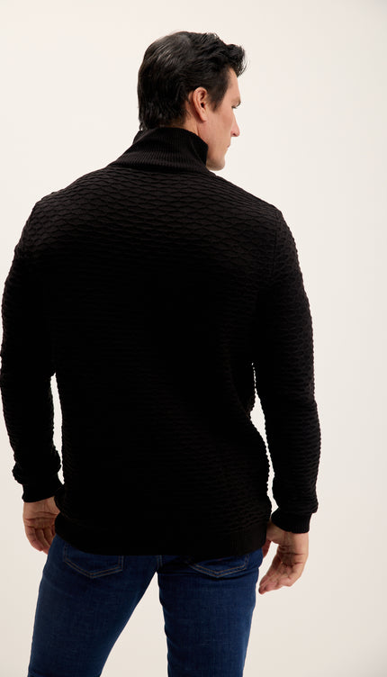 Neck Zipper Honeycomb Sweater - Black
