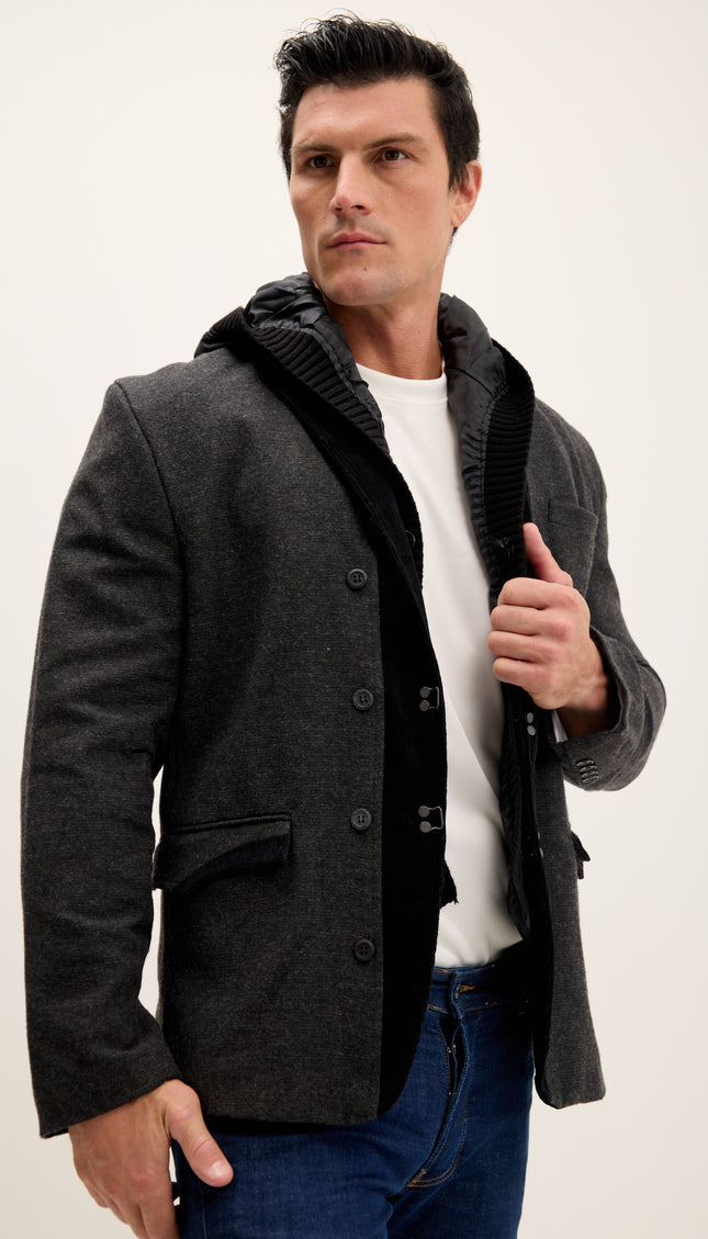 Zipper Removable Hoody Sport Coat -Black