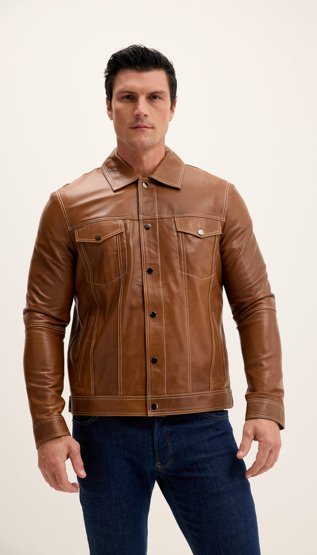 Genuine Leather Shirt Jacket- Brown