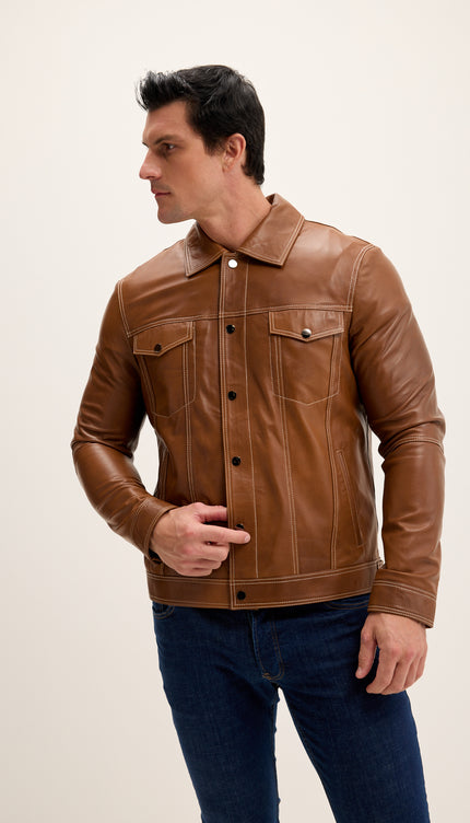 Genuine Leather Shirt Jacket- Brown