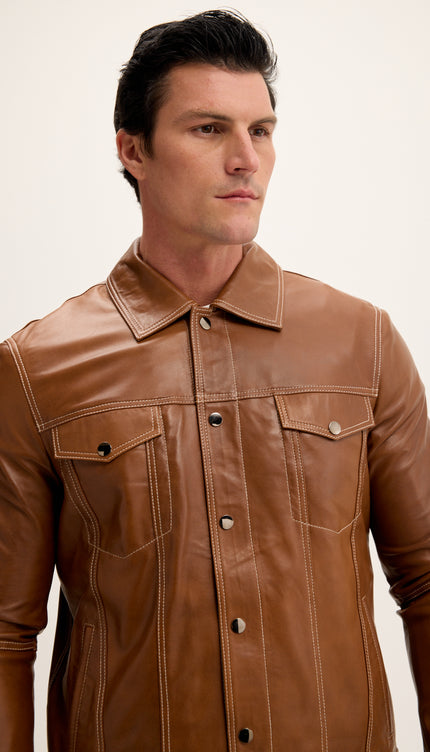 Genuine Leather Shirt Jacket- Brown