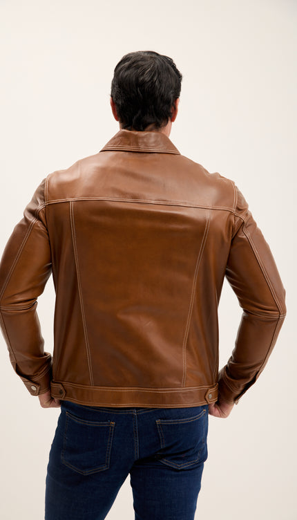 Genuine Leather Shirt Jacket- Brown
