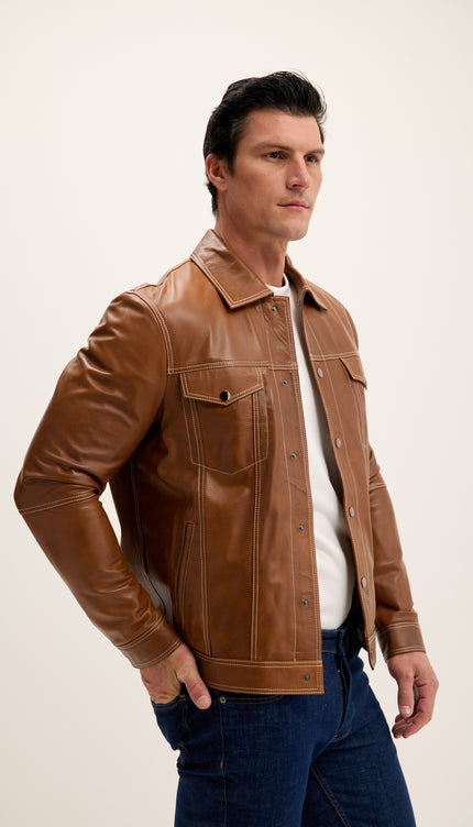 Genuine Leather Shirt Jacket- Brown