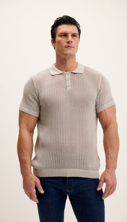 Polo-Shirt mit Lochmuster-Strickmuster – Grau