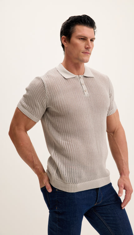 Polo-Shirt mit Lochmuster-Strickmuster – Grau