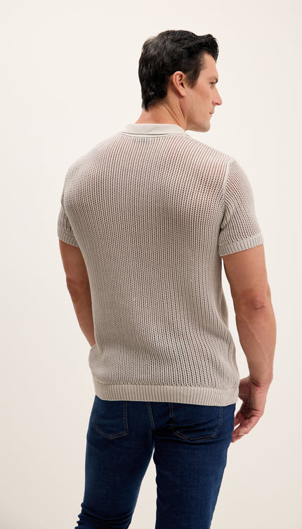 Polo-Shirt mit Lochmuster-Strickmuster – Grau