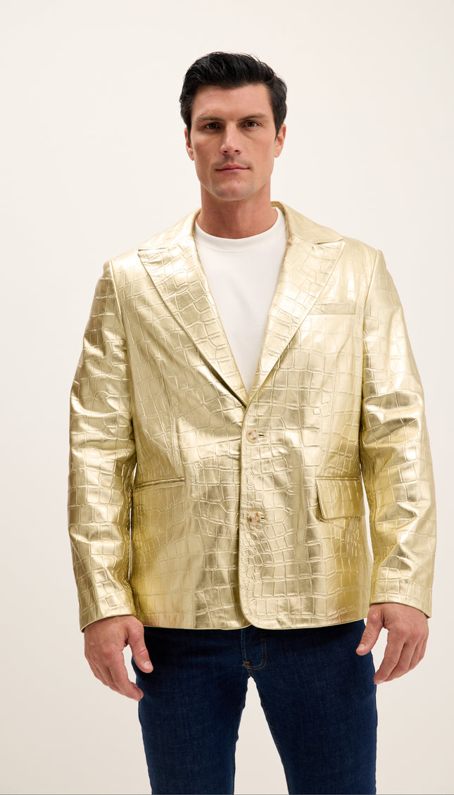 Classic Peak Lapel Leather Blazer - Gold Embossed