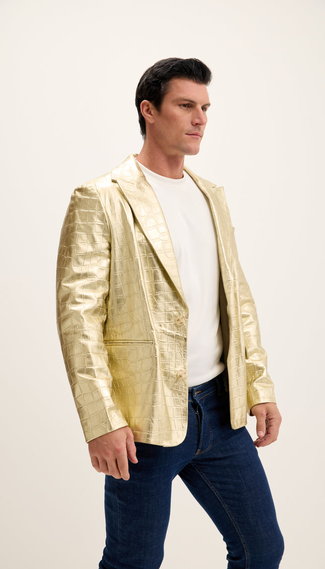 Classic Peak Lapel Leather Blazer - Gold Embossed