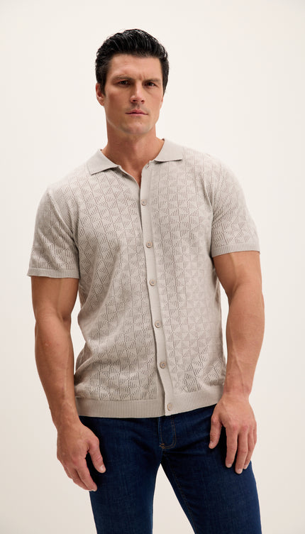Geometric Crochet Knit Polo - Grey