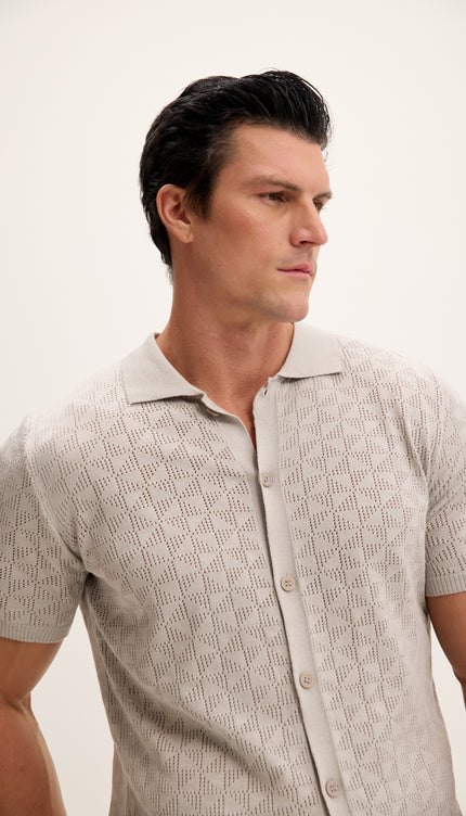 Geometric Crochet Knit Polo - Grey