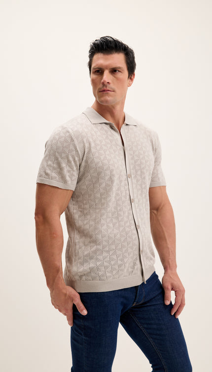 Geometric Crochet Knit Polo - Grey