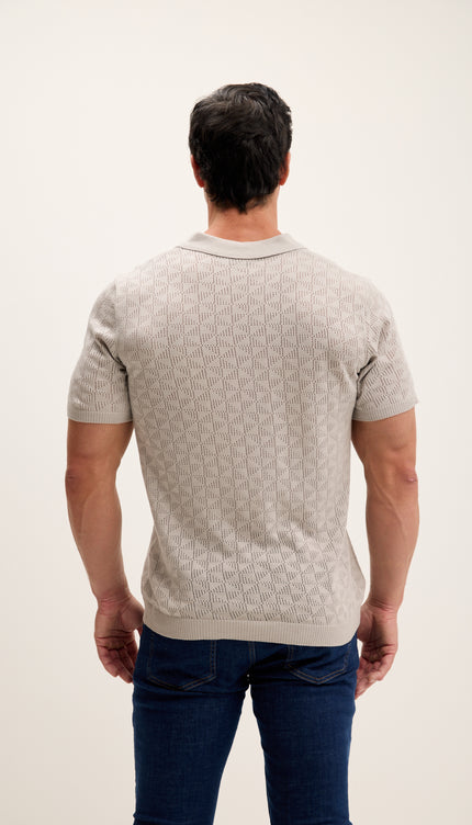 Geometric Crochet Knit Polo - Grey