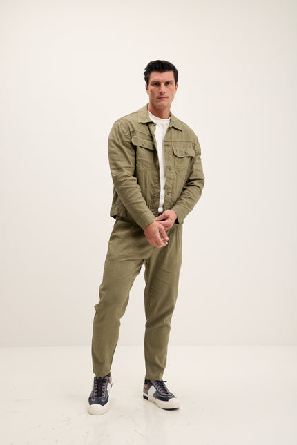 Men's Double-Pleated Linen Pants - Khaki | Ron Tomson