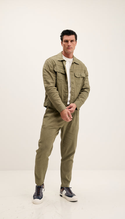 Double Pleated Linen Blend Pants - Khaki