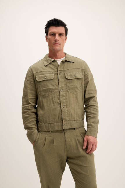 Men's Linen Blend Utility Shirt Jacket - Khaki | Ron Tomson