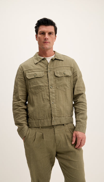 Linen Blend Utility Shirt Jacket - Khaki