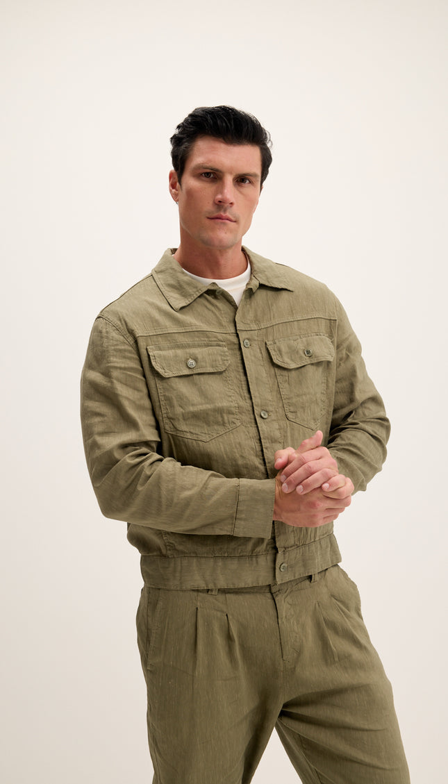 Linen Blend Utility Shirt Jacket - Khaki