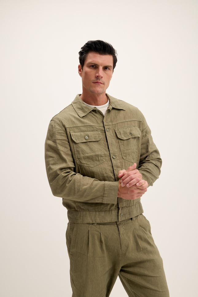 Men's Linen Blend Utility Shirt Jacket - Khaki | Ron Tomson