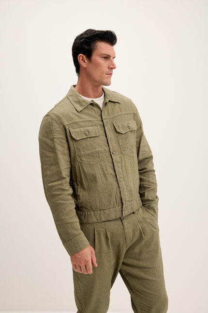 Men's Linen Blend Utility Shirt Jacket - Khaki | Ron Tomson