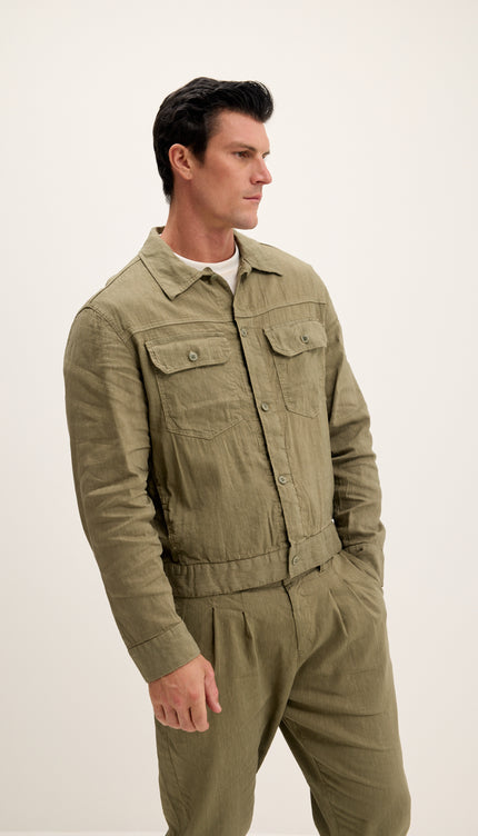 Linen Blend Utility Shirt Jacket - Khaki