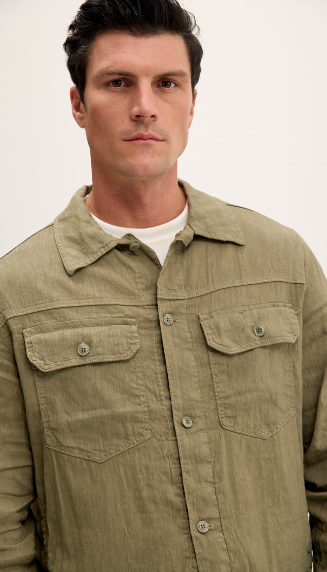 Linen Blend Utility Shirt Jacket - Khaki