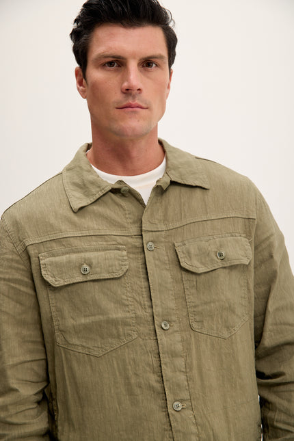 Men's Linen Blend Utility Shirt Jacket - Khaki | Ron Tomson