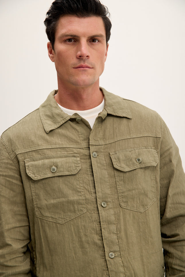 Men's Linen Blend Utility Shirt Jacket - Khaki | Ron Tomson