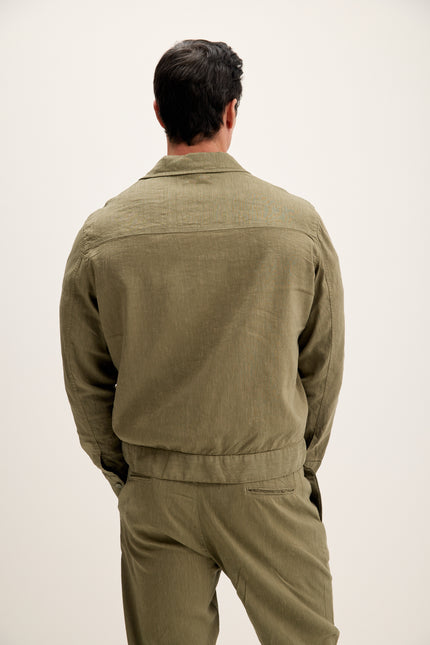Men's Linen Blend Utility Shirt Jacket - Khaki | Ron Tomson