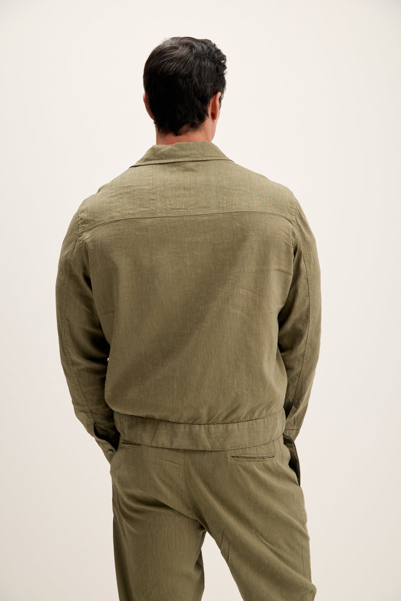 Men's Linen Blend Utility Shirt Jacket - Khaki | Ron Tomson