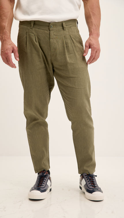 Double Pleated Linen Blend Pants - Khaki