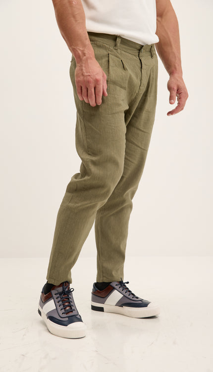 Double Pleated Linen Blend Pants - Khaki